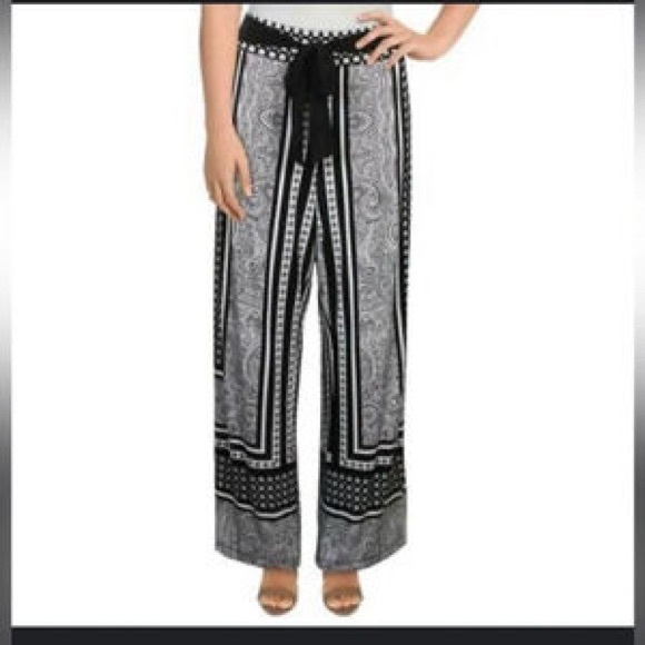 INC International Concepts Pants - Black and White Paisley Women's Pants with Sash Tie